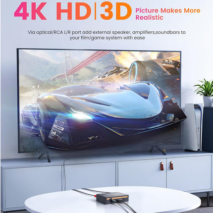 Large TV screen displaying a futuristic car, with text about 4K HD and 3D technology.