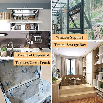 Collage of various storage solutions including overhead cupboards, toy boxes, chest trunks, and tatami storage boxes.