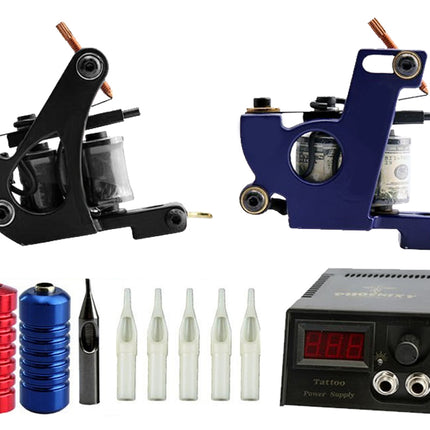 Tattoo machine, ink cartridges, needles, and power supply on a white background