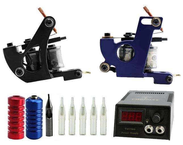 Tattoo machine, ink cartridges, needles, and power supply on a white background