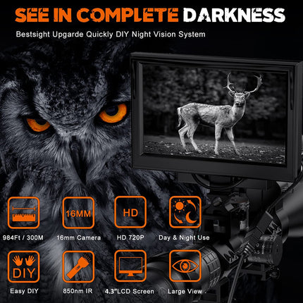 Owl with night vision monitor displaying a deer, with text about night vision system features.