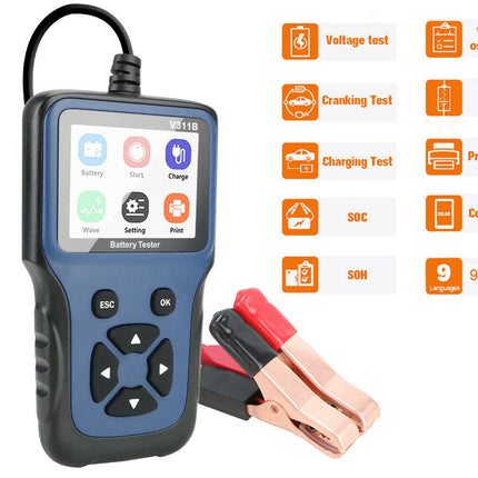 A blue and black automotive battery tester device with a small color screen and four-way directional buttons, shown alongside its red and black test clamps. To the right are orange and white feature icons listing functions such as voltage test, cranking test, charging test, SOC, color screen, and 9 languages.