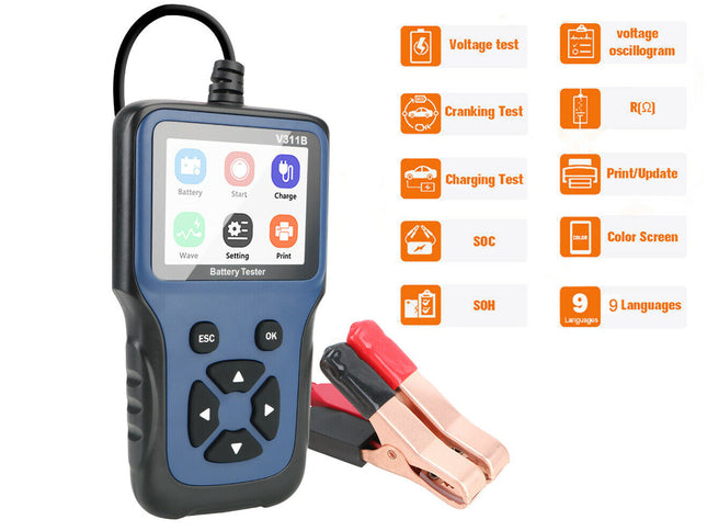 A blue and black automotive battery tester device with a small color screen and four-way directional buttons, shown alongside its red and black test clamps. To the right are orange and white feature icons listing functions such as voltage test, cranking test, charging test, SOC, color screen, and 9 languages.