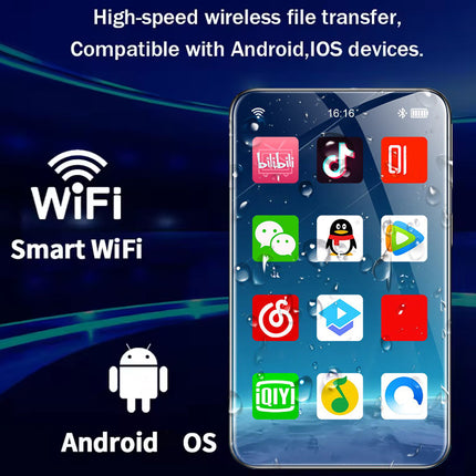 Smartphone with app icons on a blue background, featuring WiFi and Android OS text.