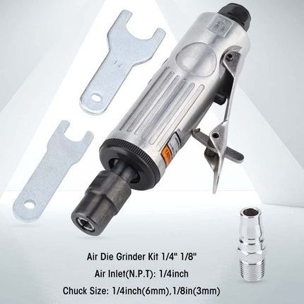 Air die grinder kit with attachments on a light gray background