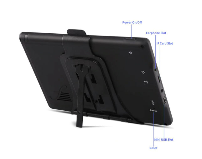 Black electronic device with labeled ports on a white background