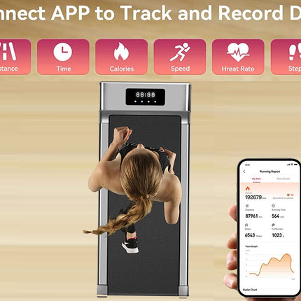 Fitness mirror with smartphone app displaying tracking features on a wooden background