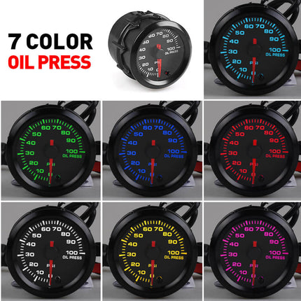 Oil pressure gauge with 7 color options on a white background