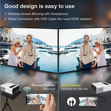 Advertisement for a wireless screen mirroring device with two people at a marina.