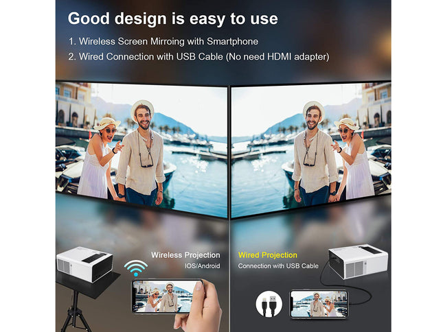 Advertisement for a wireless screen mirroring device with two people at a marina.