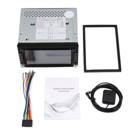 Car stereo kit with screen, cables, and manual on a white background