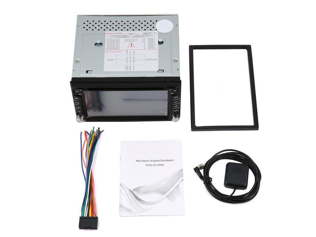 Car stereo kit with screen, cables, and manual on a white background