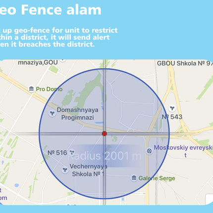 Map with a geo-fence radius displayed on a blue background