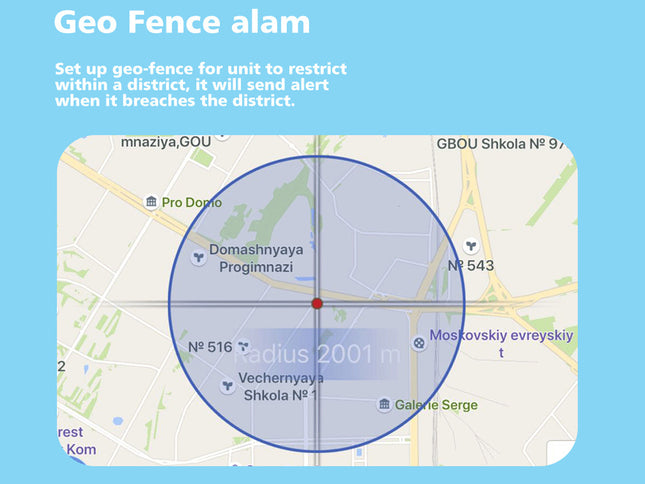 Map with a geo-fence radius displayed on a blue background