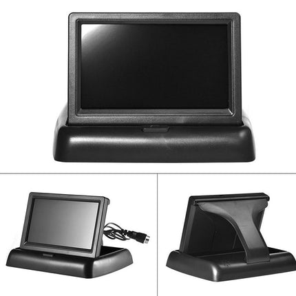 Black plastic display stand with an attached rectangular screen, shown from multiple angles on a white background.