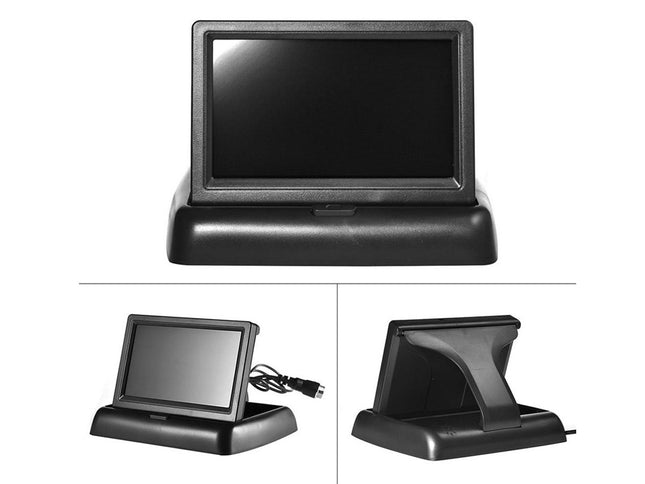 Black plastic display stand with an attached rectangular screen, shown from multiple angles on a white background.