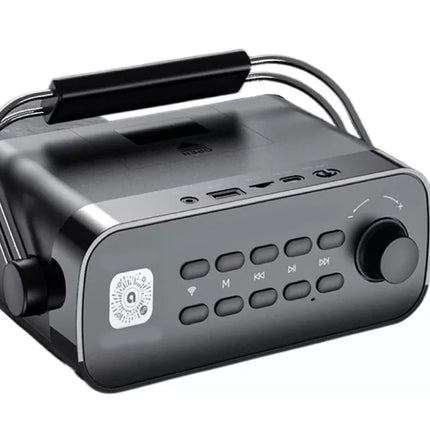 Black portable radio with control buttons on a white background