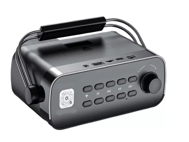 Black portable radio with control buttons on a white background