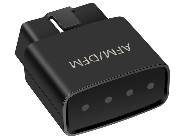 Black automotive diagnostic tool with 'AM/FM/DFM' branding on a white background