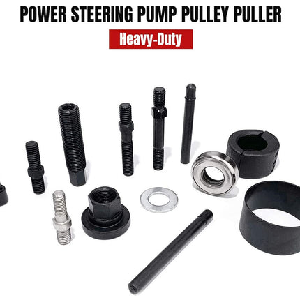 Collection of power steering pump pulley puller components on a white background