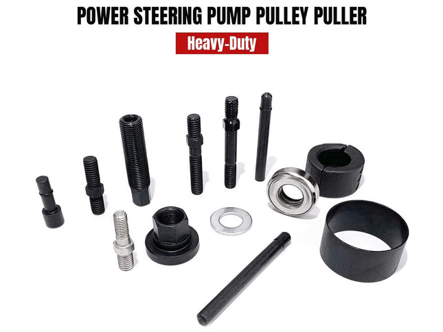Collection of power steering pump pulley puller components on a white background
