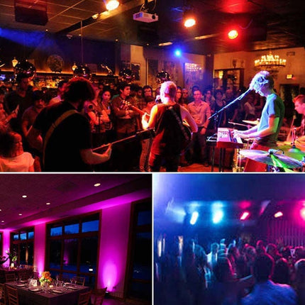 Collage of a lively indoor event with people, music, and colorful lighting.