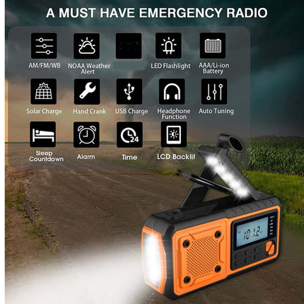 An orange and black emergency radio with a built-in antenna and bright LED light, shown over a rural road background with feature icons and the text 'A MUST HAVE EMERGENCY RADIO'.