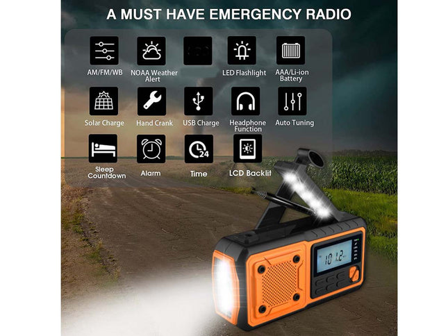 An orange and black emergency radio with a built-in antenna and bright LED light, shown over a rural road background with feature icons and the text 'A MUST HAVE EMERGENCY RADIO'.