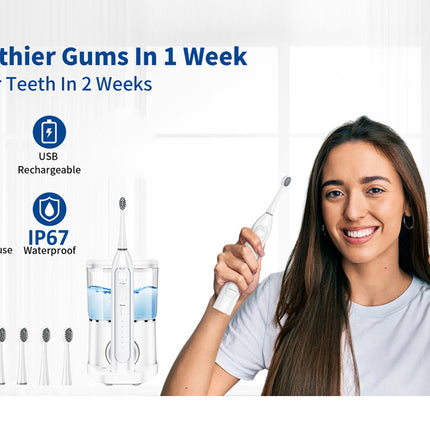 Woman holding an electric toothbrush with product features displayed on a white background