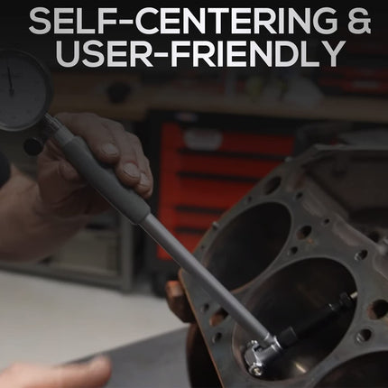 Person using a tool on a mechanical component with text 'Self-centering & User-Friendly' above.