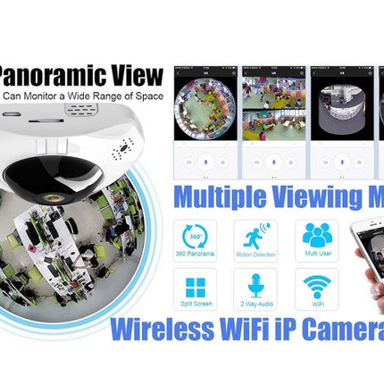 Promotional graphic for a wireless WiFi IP camera showing a white dome-shaped camera, multiple viewing modes with live feeds, feature icons, and a hand holding a smartphone displaying the camera feed.