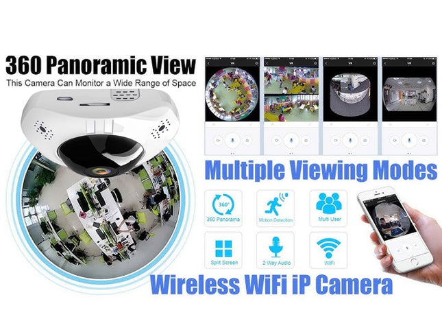 Promotional graphic for a wireless WiFi IP camera showing a white dome-shaped camera, multiple viewing modes with live feeds, feature icons, and a hand holding a smartphone displaying the camera feed.