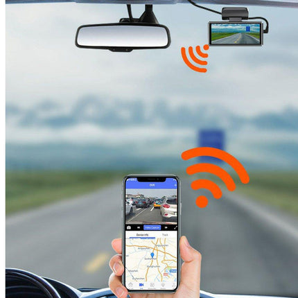 Car dashboard with a rearview mirror, GPS device, and smartphone displaying a map app.