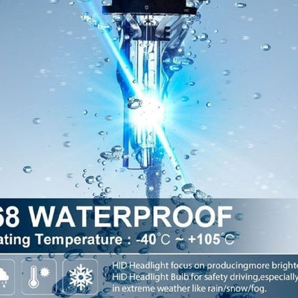 HID headlight with water droplets and text indicating waterproof rating and operating temperature.