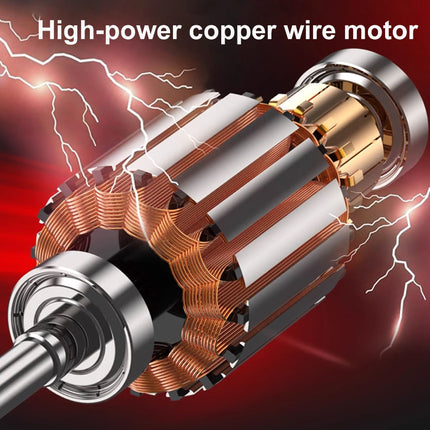 High-power copper wire motor with a red background and lightning effects
