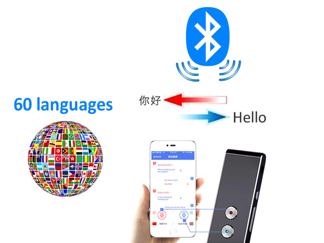 A smartphone app interface and a black Bluetooth device shown on a white background, with a hand holding the phone. Blue text reads '60 languages' and arrows indicate Bluetooth communication between Chinese and English.