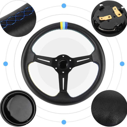 Black three-spoke steering wheel shown on a white background with four circular detail insets highlighting stitching, backplate hardware, center console opening, and leather texture.