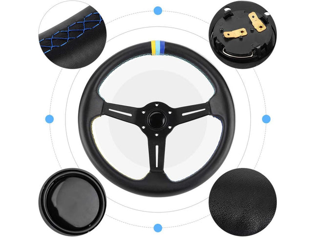Black three-spoke steering wheel shown on a white background with four circular detail insets highlighting stitching, backplate hardware, center console opening, and leather texture.