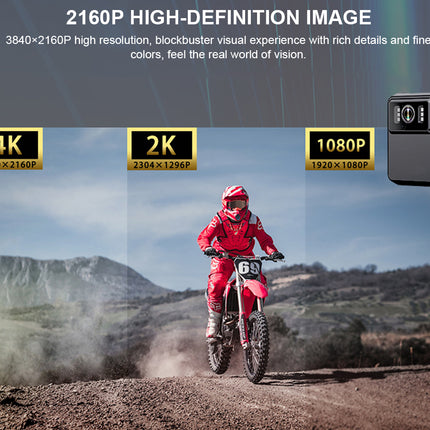 Person riding a dirt bike on a trail with high-definition resolution indicators.