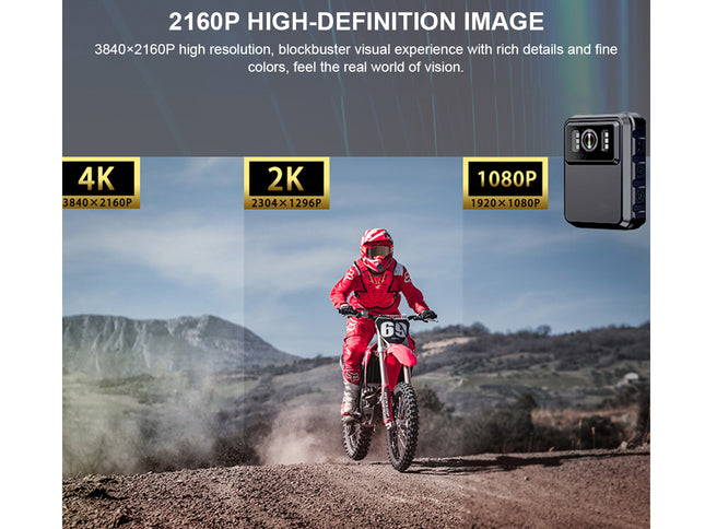 Person riding a dirt bike on a trail with high-definition resolution indicators.