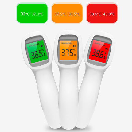 Three infrared temperature measurement devices with digital displays and color-coded temperature ranges.