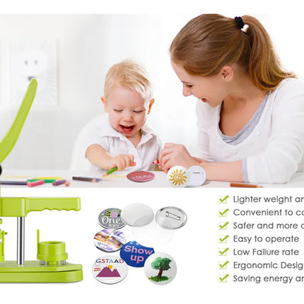 Woman and child playing with a green machine, surrounded by product features on a white background.
