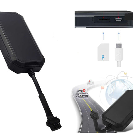 Black rectangular electronic adapter device with a short cable and connector on a white background, shown alongside illustrative graphics of USB charging and a road/diagram graphic.