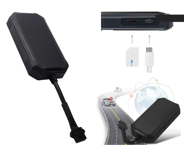 Black rectangular electronic adapter device with a short cable and connector on a white background, shown alongside illustrative graphics of USB charging and a road/diagram graphic.