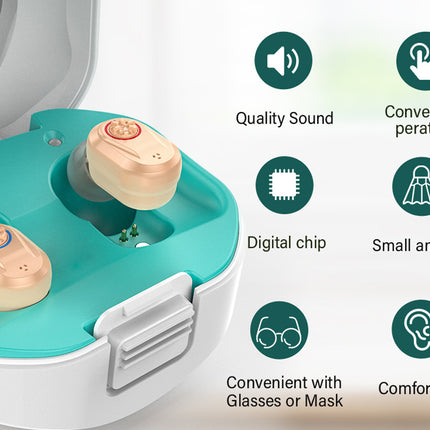 Earbud with features listed on a white background