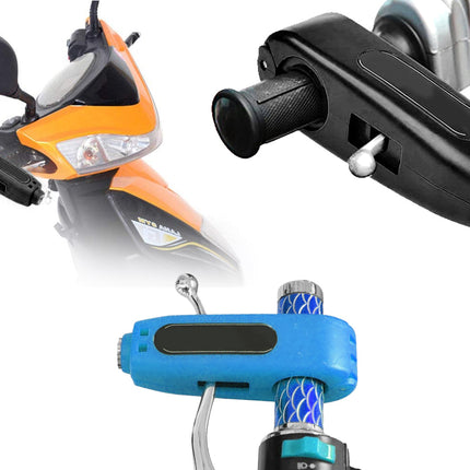 Close-up of a scooter with a blue handlebar grip and black throttle on a white background
