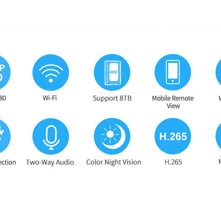 Set of icons representing features of a security camera system on a white background