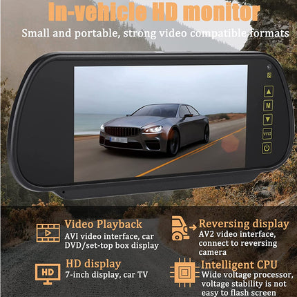 In-vehicle HD monitor displaying a car on a road with scenic background