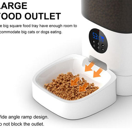 Pet feeder with large food outlet and digital display on a white background