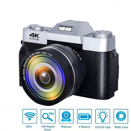 Digital camera with 4K resolution on a white background